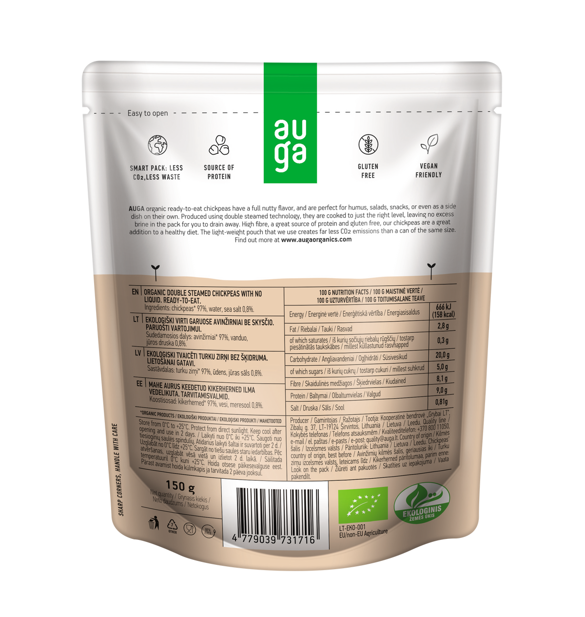 Auga organic double streamed chickpeas 150g